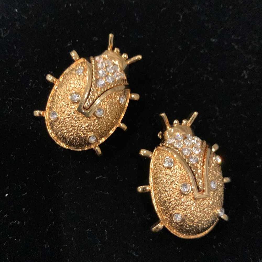 St. John pair of vintage gold/crystal beetles
